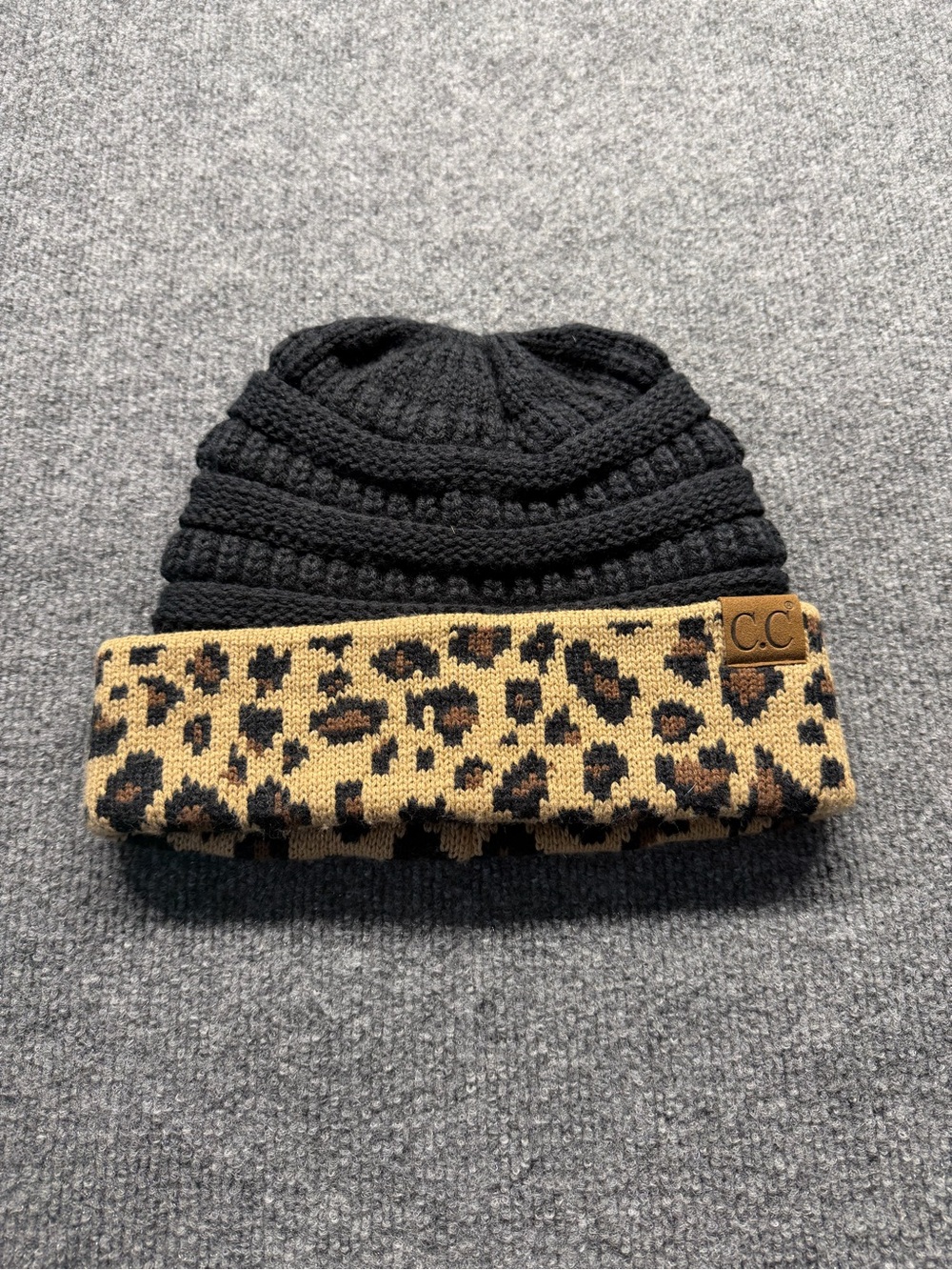 C.C Black Beanie with Leopard Cuff